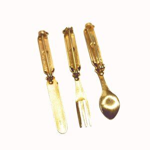 Vintage Gold-Tone Fork, Knife, Spoon Brooch Set With Monogram